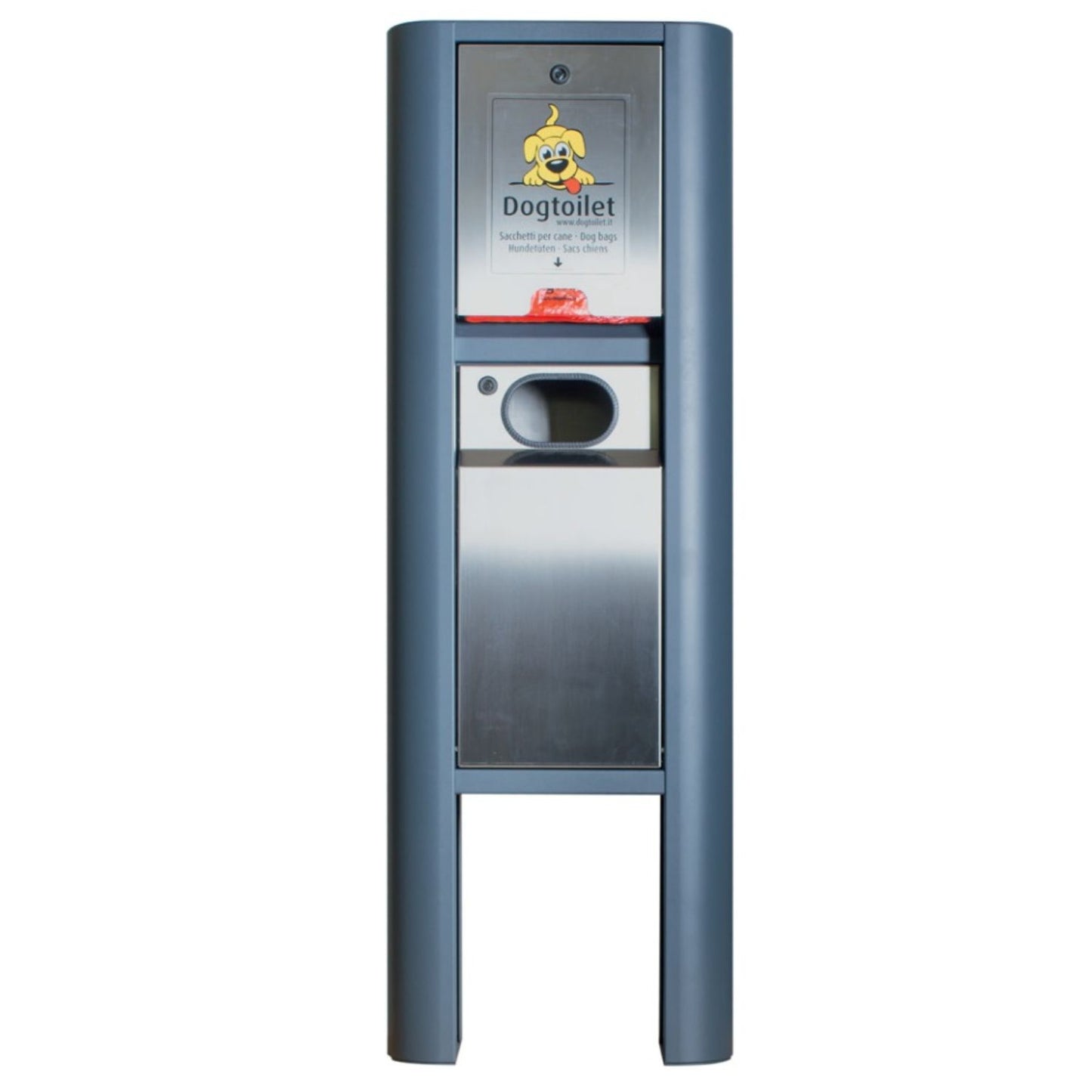 Dogtoilet PREMIUM, Dispenser sacchetti per cani con bidoncino e apertura frontale in acciaio lucidato INOX