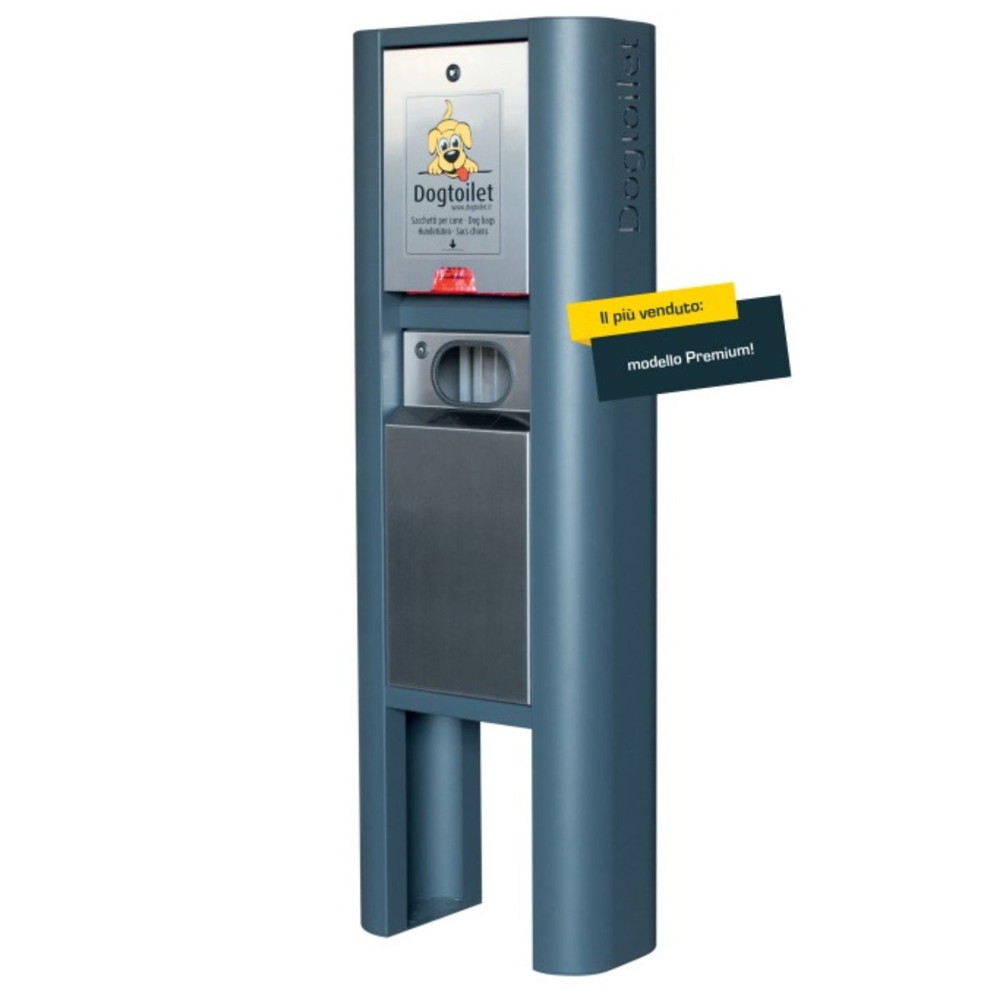 Dogtoilet PREMIUM, Dispenser sacchetti per cani con bidoncino e apertura frontale in acciaio lucidato INOX