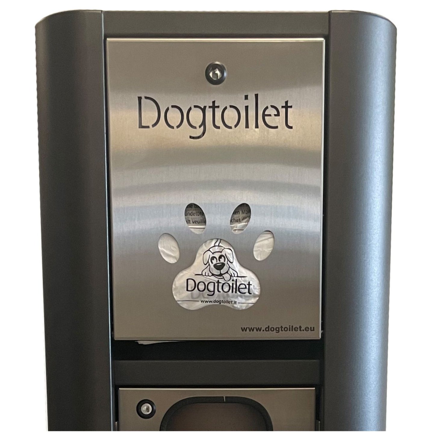 Dogtoilet PREMIUM, Dispenser sacchetti per cani con bidoncino e apertura frontale in acciaio lucidato INOX