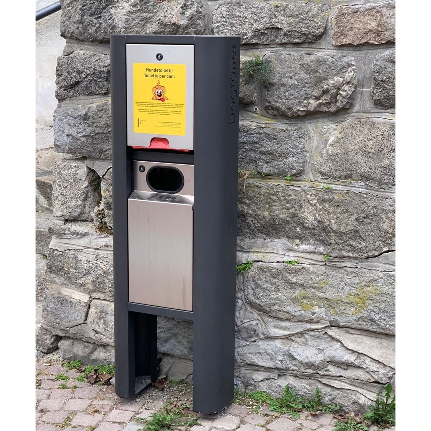 Dogtoilet PREMIUM, Dispenser sacchetti per cani con bidoncino e apertura frontale in acciaio lucidato INOX