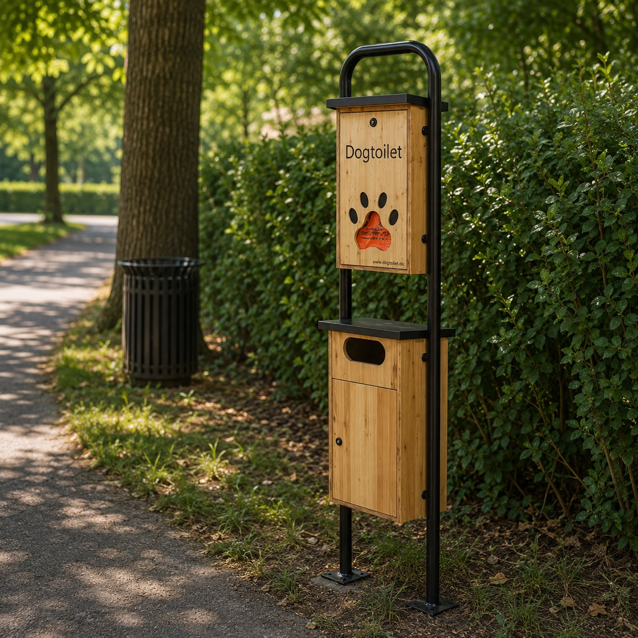 Dogtoilet HOLZI, dispenser sacchetti per cani in legno larice con bidoncino