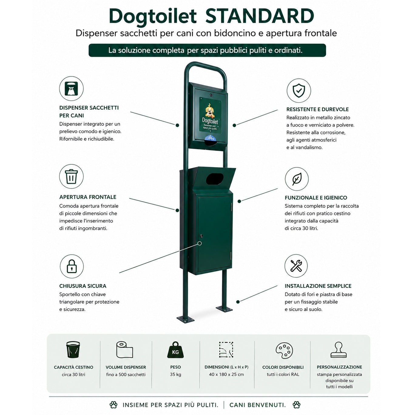 Dogtoilet STANDARD, Hundekotbeutelspender mit Abfalleimer und Frontöffnung 