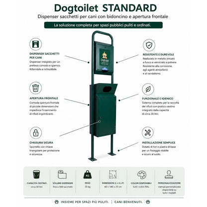 Dogtoilet STANDARD, Hundekotbeutelspender mit Abfalleimer und Frontöffnung 